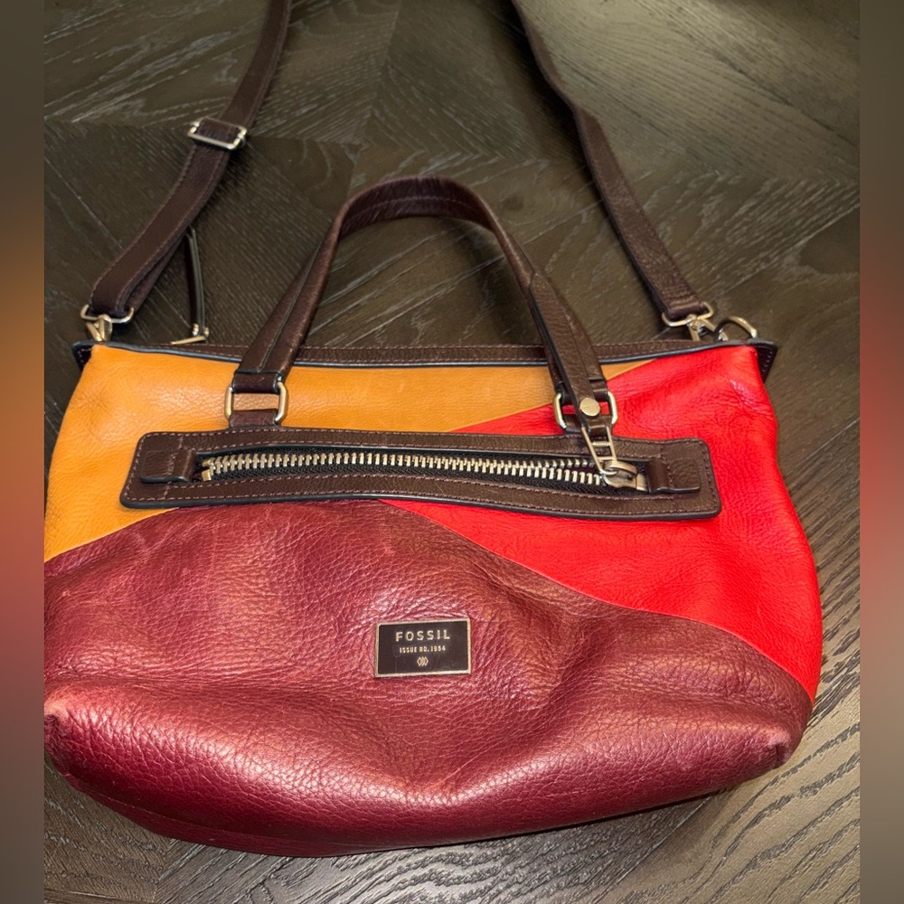 Fossil Dawson Red Multi Leather Satchel